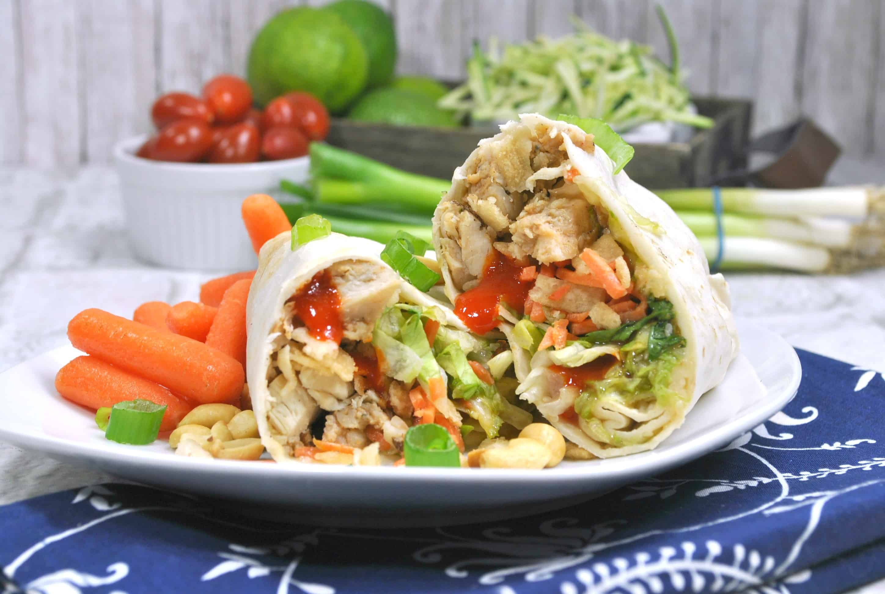Weight Watchers Thai Chicken Wraps on plate with carrots