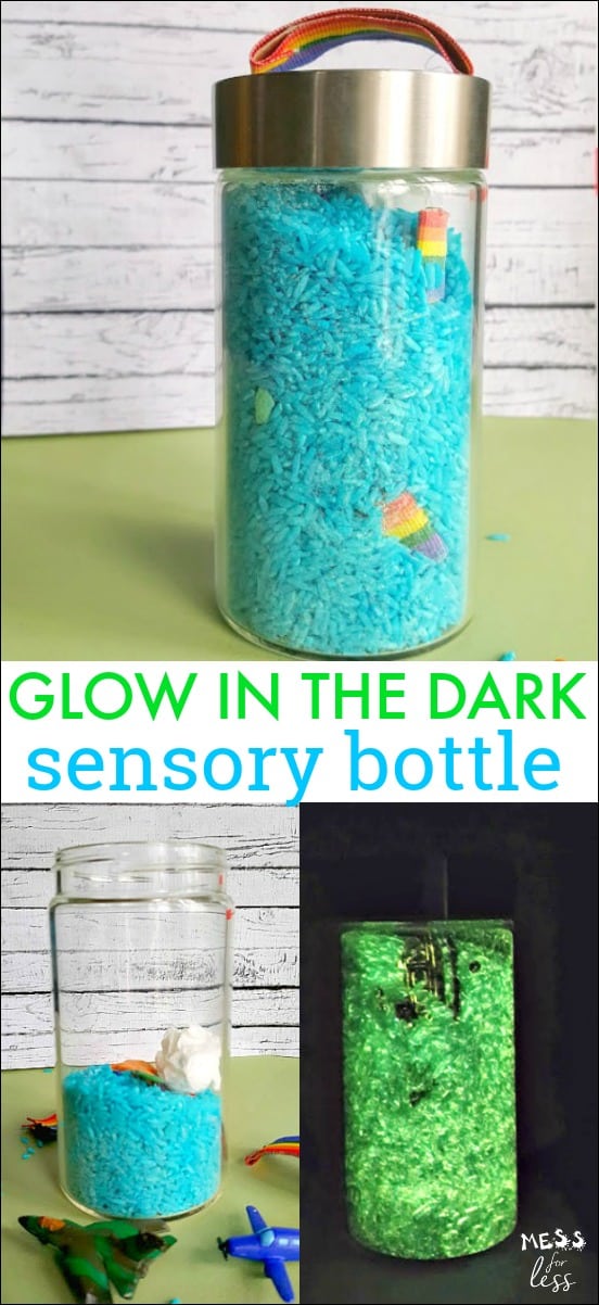 This Glow in the Dark Sensory Bottle is fun to play with during the day or when the lights are out. Kids will love finding the various items in the jar and will be amazed at how it glows! #sensorybottle #sensoryjar #glowinthedark