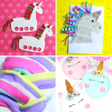 A collage of colorful Unicorn Crafts for Preschoolers, featuring paper, fabric, and slime projects displayed on bright backgrounds.
