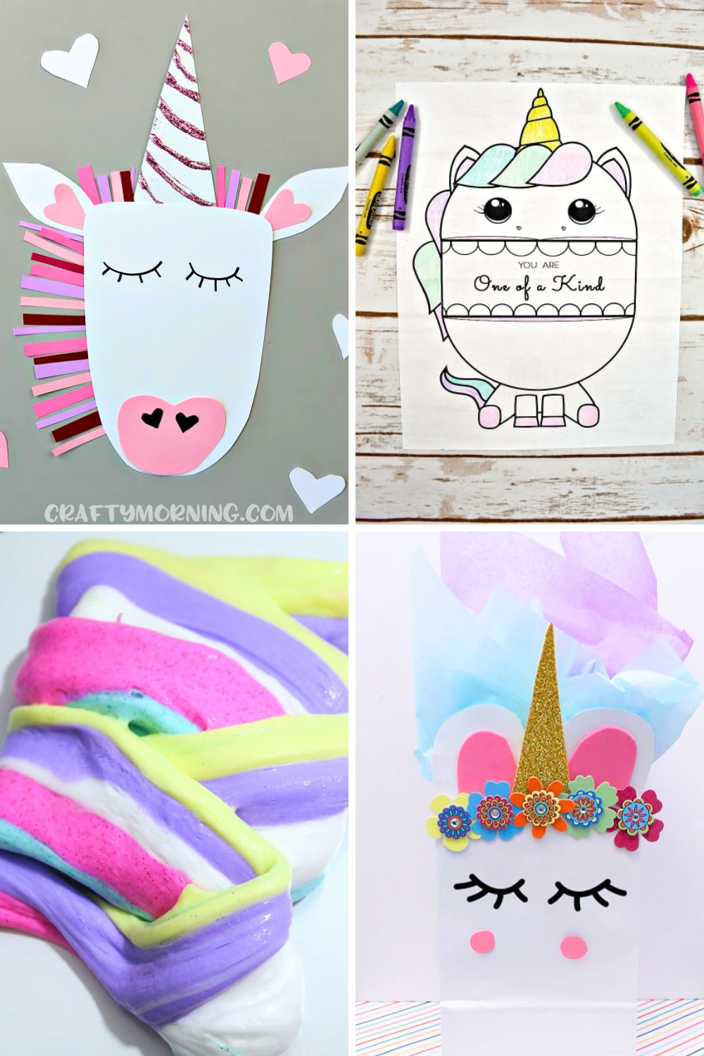 Four colorful Unicorn Crafts for Preschoolers: a paper unicorn face, a unicorn coloring page, rainbow slime, and a unicorn gift bag.
