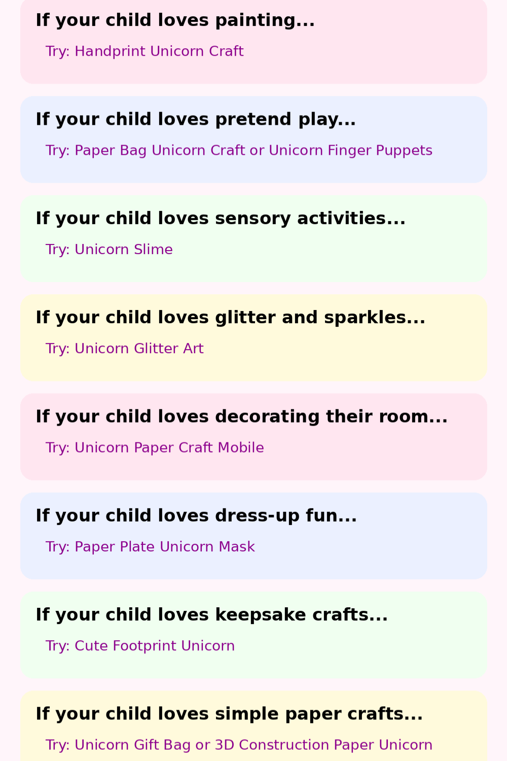 A list of Unicorn Crafts for Preschoolers featuring colorful highlighted sections and creative ideas perfect for kids.