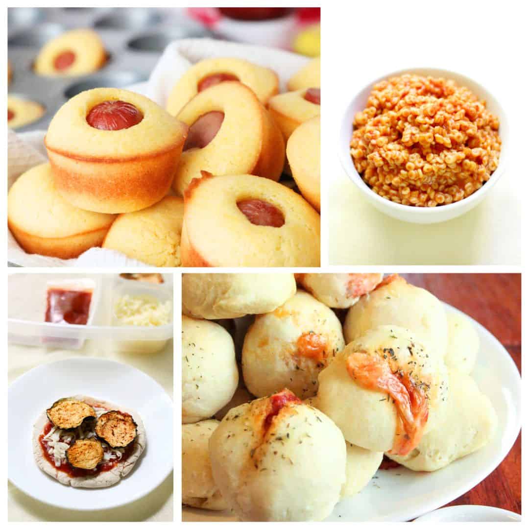 Collage of mini cornbread hot dogs, a bowl of bulgur, pizza bites, and cheesy bread balls—perfect ideas for kids lunches.