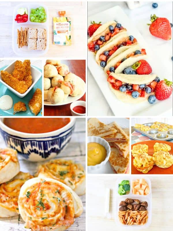 A collage of colorful kids’ lunches, featuring fruit, wraps, chicken, pinwheels, and sides in small dishes—perfect for anyone looking for fresh ideas for kids lunches.