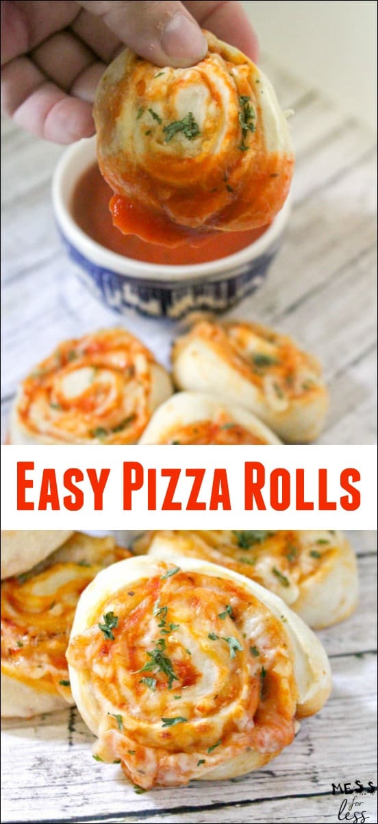 This easy pizza rolls recipe is the answer for when your kid is having a pizza craving. It makes a quick and easy snack or lunch, and the best part is that kids can help to make it. With just a few ingredients, this recipe could not be easier! #pizza #pizzarolls #recipes #cookingwithkids