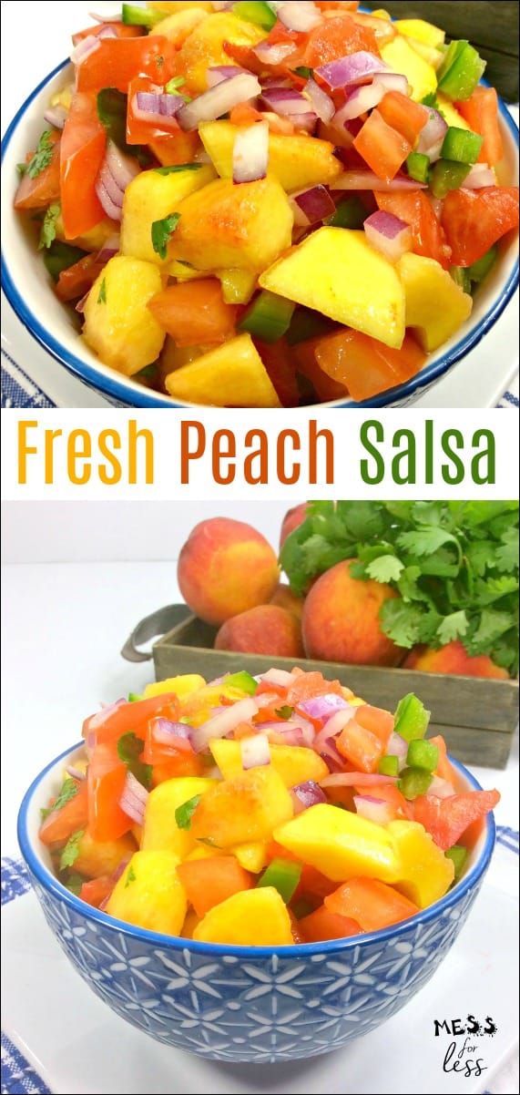 To me, nothing says summer quite like the taste of fresh peaches! This Peach Salsa Recipe is a refreshing treat when served with tortilla chips or over chicken or fish. #peachsalsa #recipes #salsa