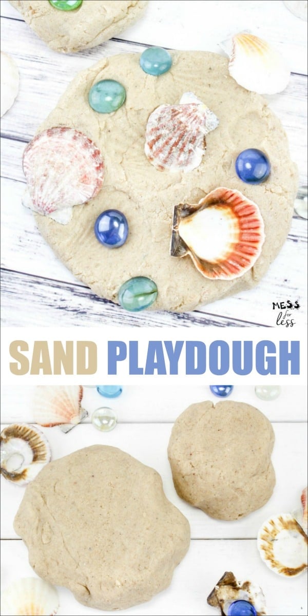 This easy sand playdough recipe provides a fun sensory experience for kids. It is easy to make and virtually mess free for kids to play with. Almost as fun as a day at the beach! 