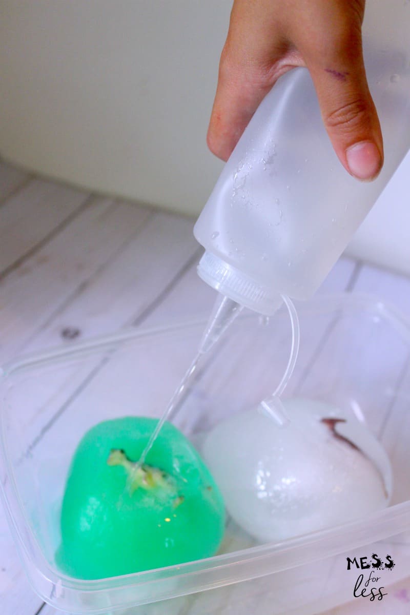 frozen dinosaur eggs being melted with a spray bottle
