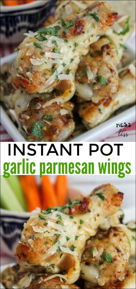These Garlic Parmesan Wings in the Instant Pot will be a hit at your next party or game day. They are super easy to make thanks to a supermarket shortcut! #instantpot #wings #gameday #appetizers