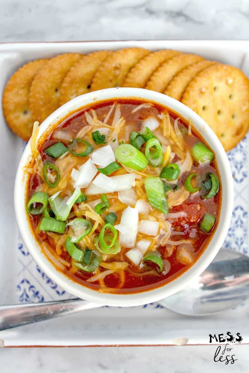 instant pot chili in a bowl with crackers