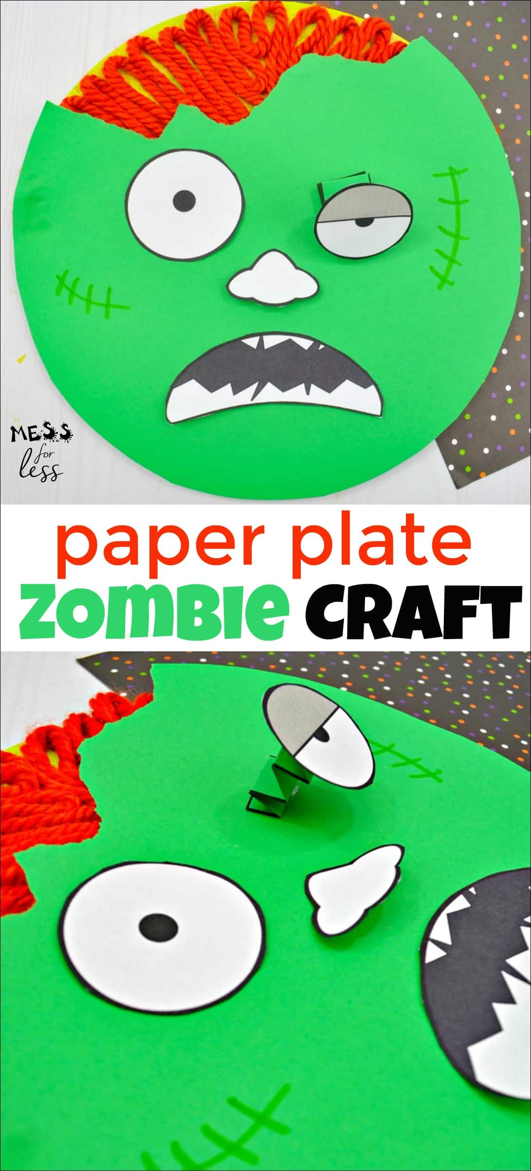 Halloween is almost upon us, but your kids can enjoy this Zombie Craft for Kids any time of year. If your kids love gross things they will flip for this paper plate craft featuring yarn brains and springy eye ball! 