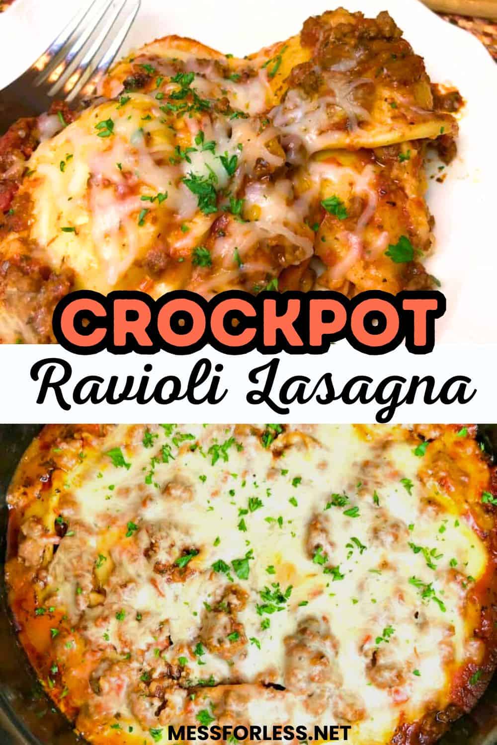 Close-up of Crockpot Ravioli Lasagna, topped with parsley, shown both served and still warm in the pot.