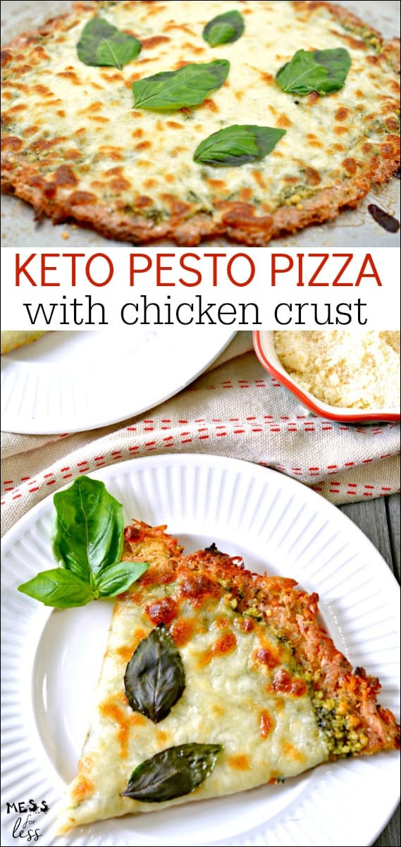 This Keto Pizza with Chicken Crust and Pesto satisfies any pizza craving for those on a low carb or keto diet. You can easily substitute a low sugar sauce for the pesto for a more traditional pizza. #lowcarb #keto #ketopizza #lowcarbpizza