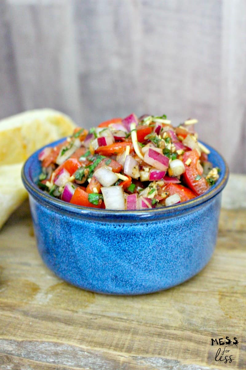 bruschetta in a blue bowl