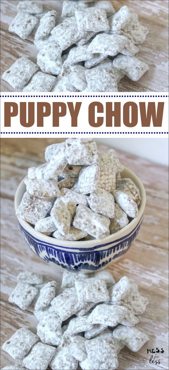 This Puppy Chow Recipe is made with Chex, chocolate, peanut butter and powdered sugar. The combination of these ingredients makes a treat that is impossible to put down!