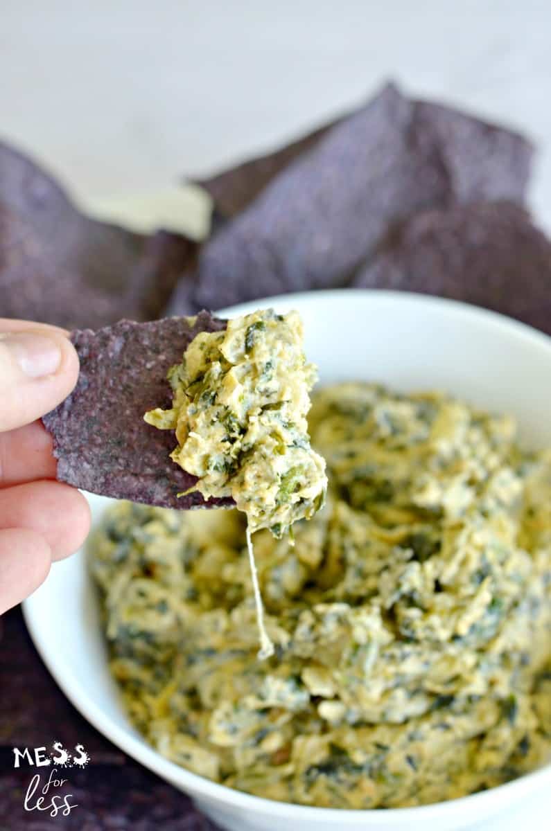 spinach artichoke dip on blue chip