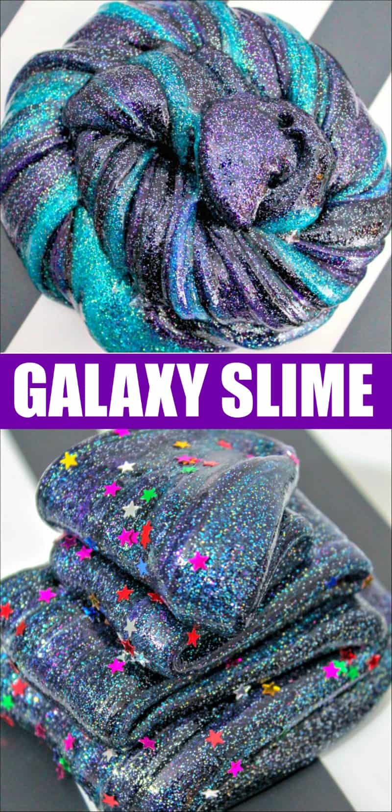 This Galaxy Slime Recipe may be my favorite slime recipe yet. It is just so pretty and colorful, and did I mention sparkly? If your kids are obsessed with slime, then this is one slime recipe you must try. #slime #slimerecipe #galaxyslime