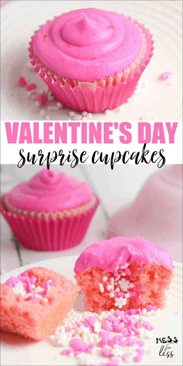 Make these Valentine's Day Cupcakes Filled with Sprinkles for someone you love! You'll adore these Valentine's Day Cupcakes because of the fun surprise in the middle. Sure, they look like ordinary adorable cupcakes, but when you cut into them, you'll see they have been filled with colorful sprinkles. It's like a pinata in a cupcake! #cupcakes #Valentinesday #valentinecupcakes