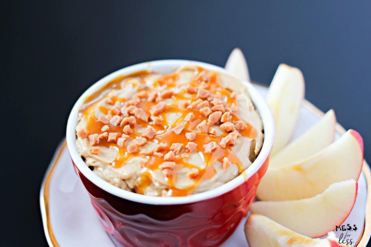 caramel apple dip with apples on plate