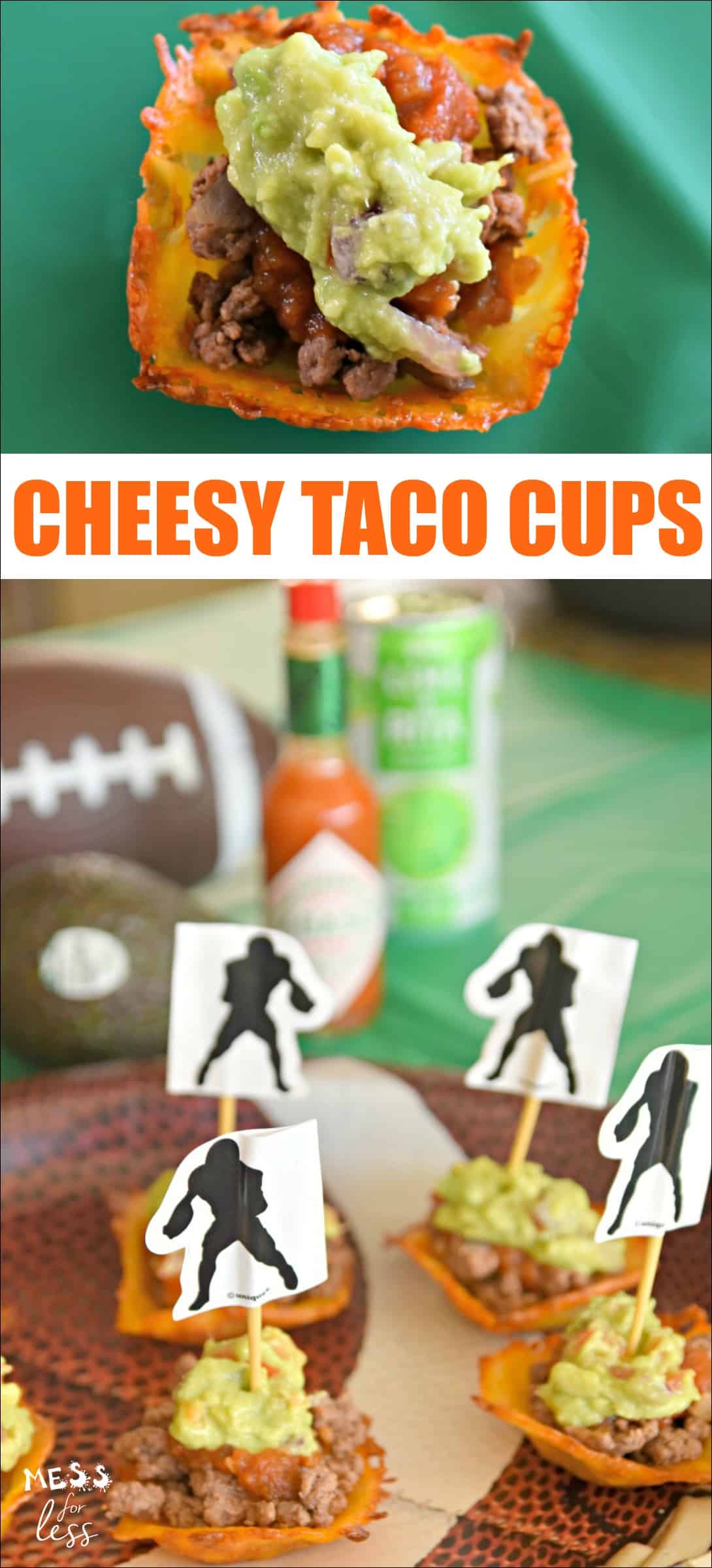 #ad These Cheesy Taco Cups with Guacamole are perfect to enjoy while watching the Big Game! Click here to get the recipe: https://www.messforless.net/cheesy-taco-cups-with-guacamole/ #SavorWinningFlavors #AvocadosFromMexico #HAVEARITA #FlavorYourWorld