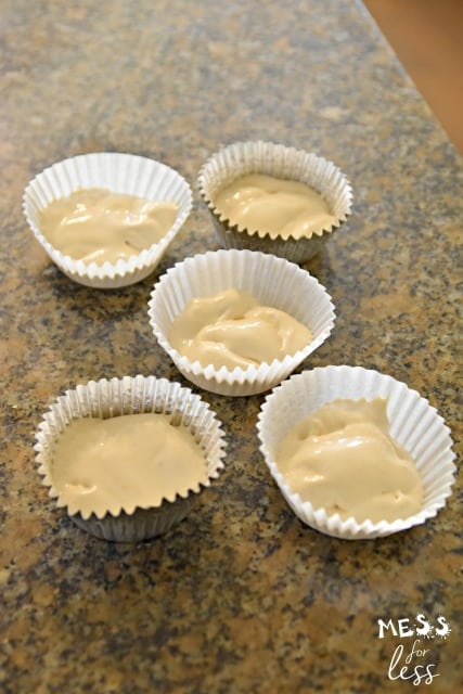 weight watchers peanut butter cups mixture in five mini muffin cups