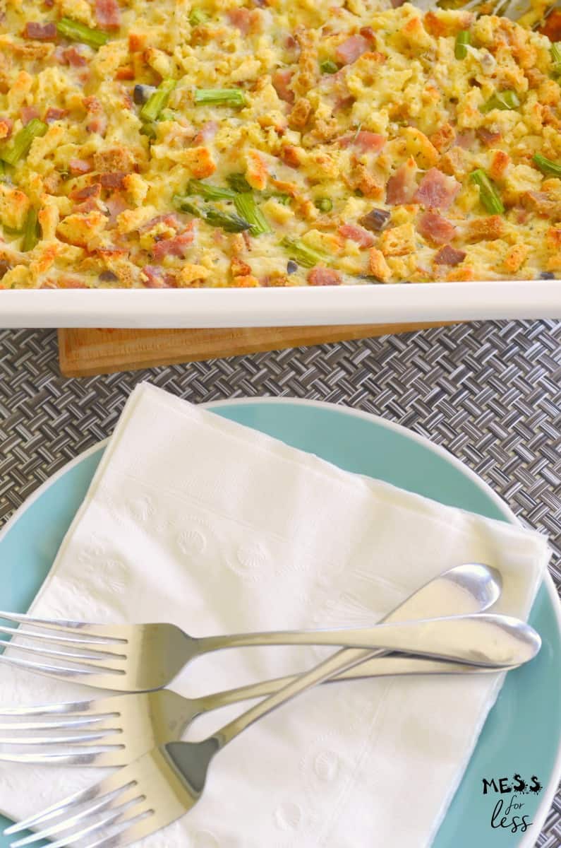 serving ham and asparagus casserole recipe plate napkins forks