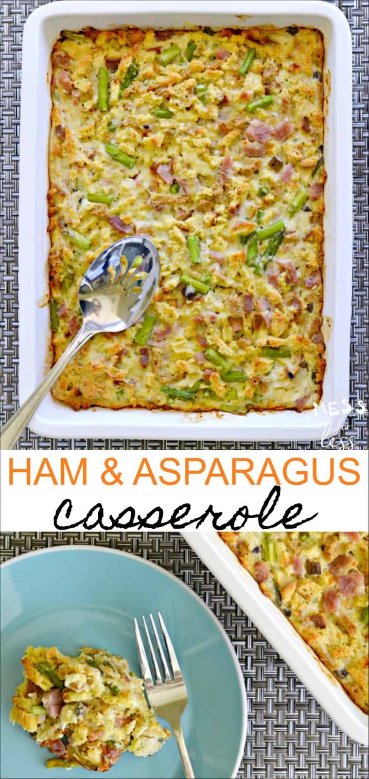 This hearty and delicious Ham and Asparagus Casserole Recipe has it all. You get protein and veggies and bread in the form of stuffing. It works for breakfast, brunch or as a side dish at dinner. This casserole is also super popular at potlucks. #casserole #casserolerecipe #breakfastcasserole