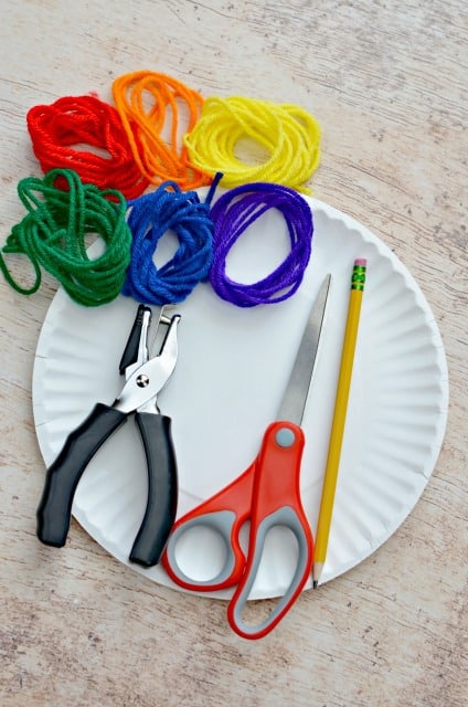 yarn paper plate, hole puncher