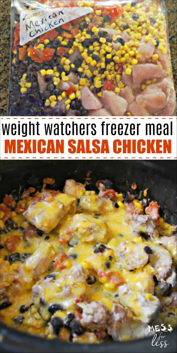 This Weight Watchers Salsa Chicken Make Ahead Freezer Meal is perfect for your busy schedule. You can prepare it on the weekend when you have more time, and just label and freeze it. Then pop the contents in a crock pot and enjoy. 