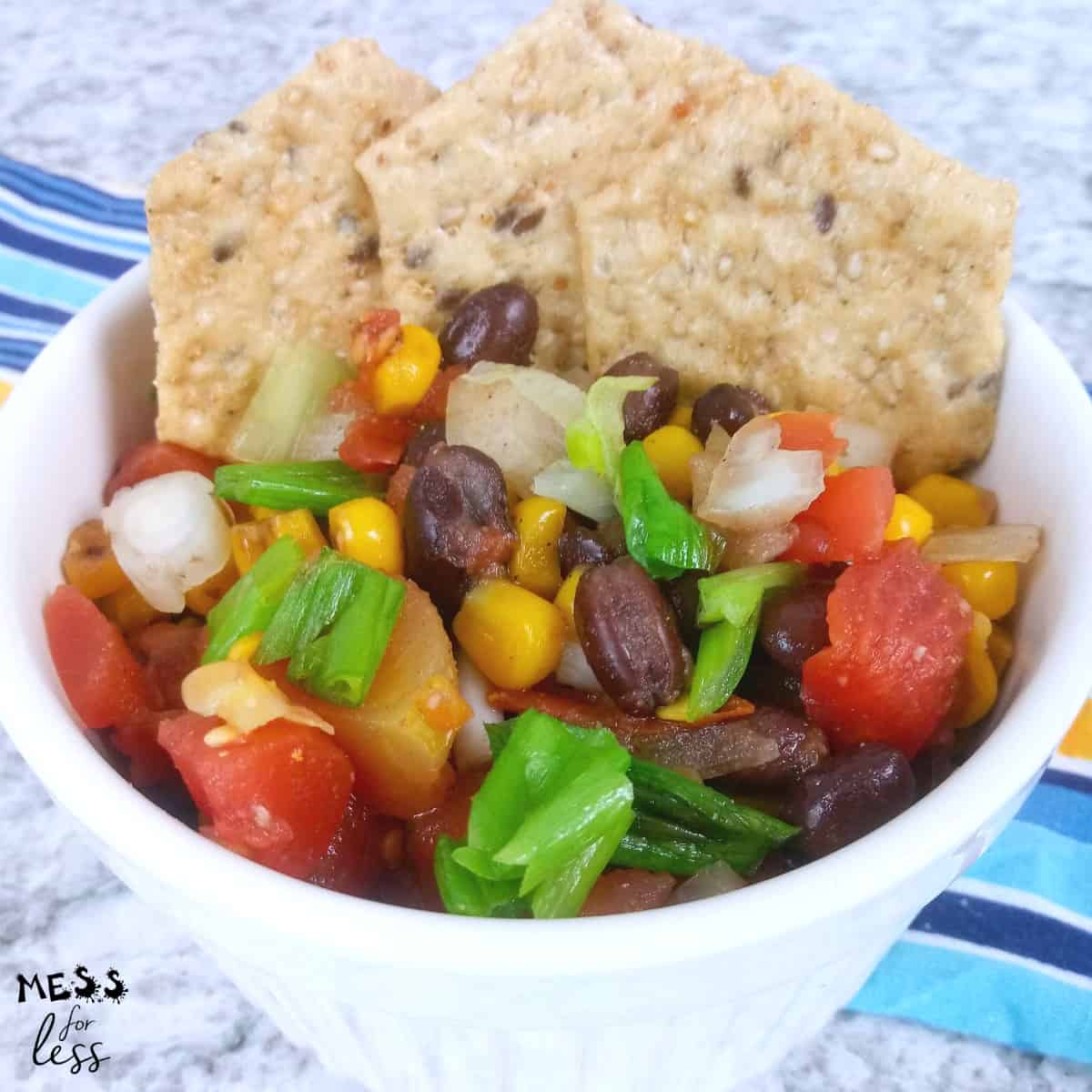spicy black bean and corn salsa with tortilla chips