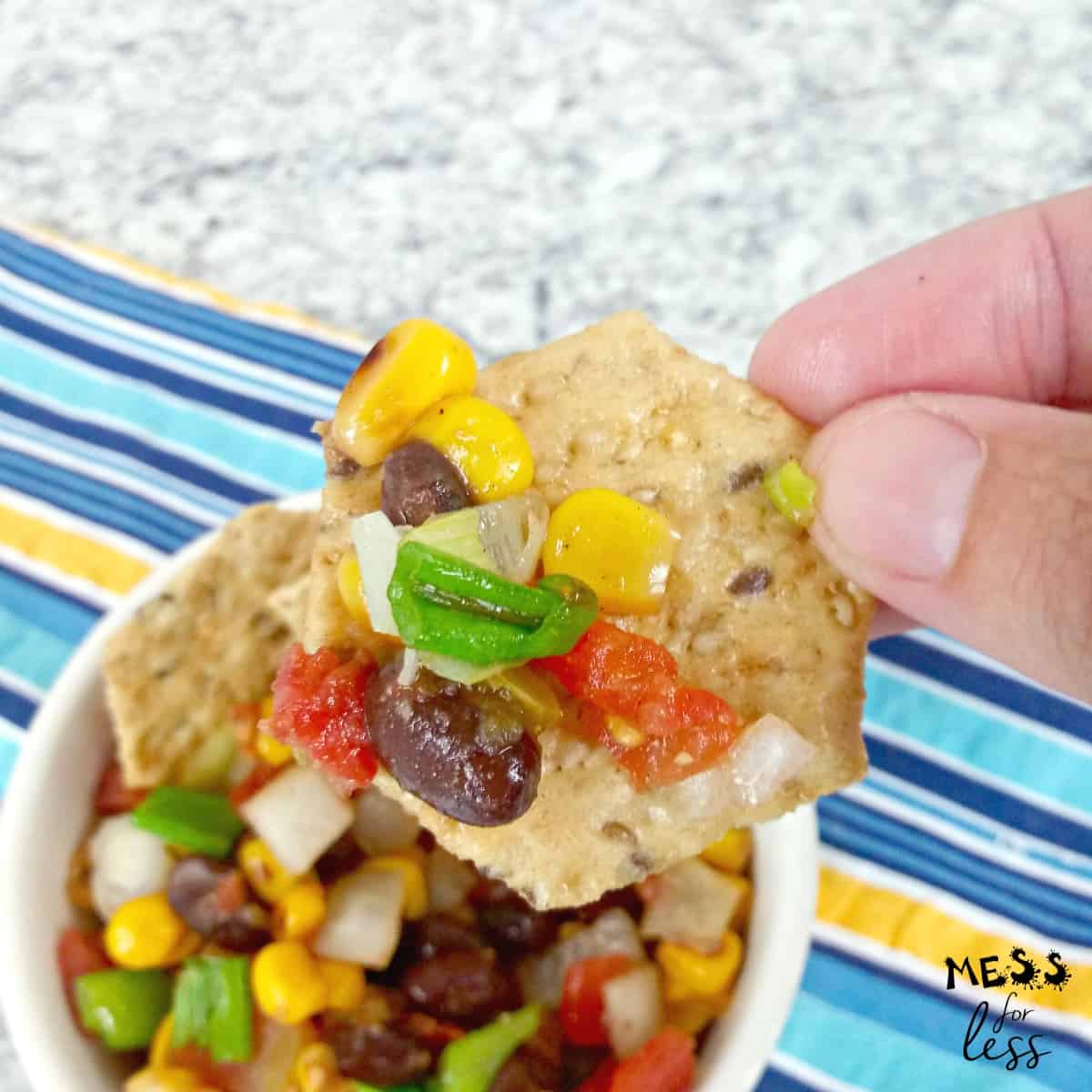 spciy black bean and corn salsa with chips