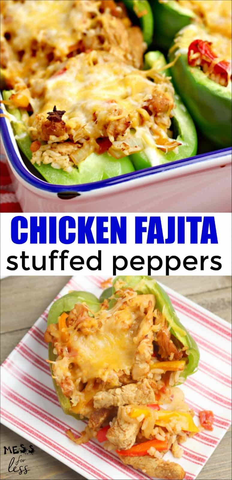 If you love chicken fajitas, then you need to try these Chicken Stuffed Peppers. Stuffed with your favorite fajita ingredients, these peppers are colorful and filling. #stuffedpeppers #chickenfajitas #recipes