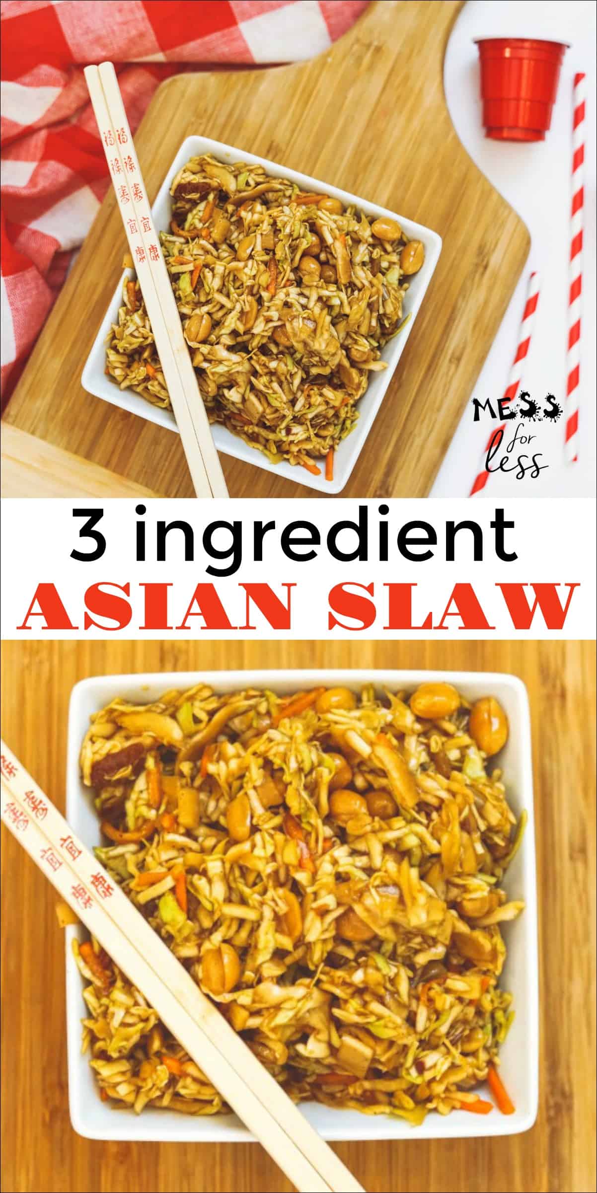 This 3 Ingredient Asian Slaw Recipe makes a great side dish. You'll love all the different flavors and textures going on. It can be served as a side to an Asian inspired meal or with chicken as a meal. You won't believe how easy it is to make!