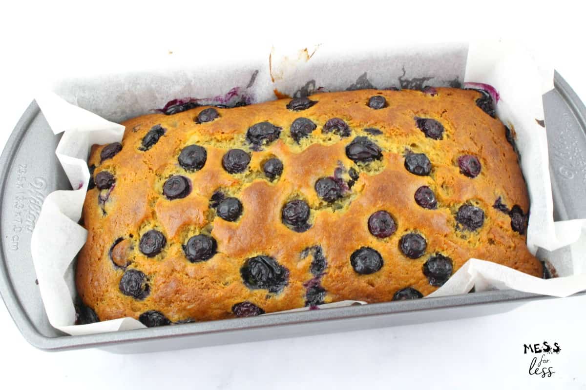 Blueberry Banana Bread Recipe in a loaf pan