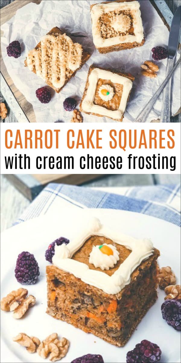 These Carrot Cake Squares with Cream Cheese Frosting are perfect for when you have a carrot cake craving but don't want to go through the trouble of making one. These are made in a single layer, but have all the yummy flavor you would expect in a great carrot cake. They make the perfect snack or dessert. #carrotcake #desserts #creamcheesefrosting