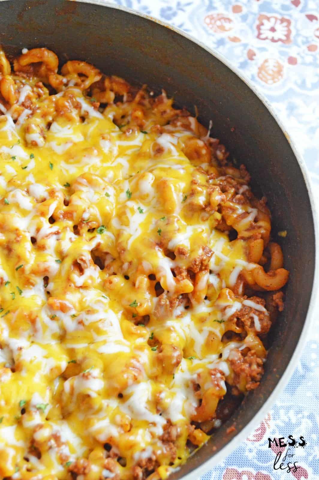 chili mac and cheese in a pot