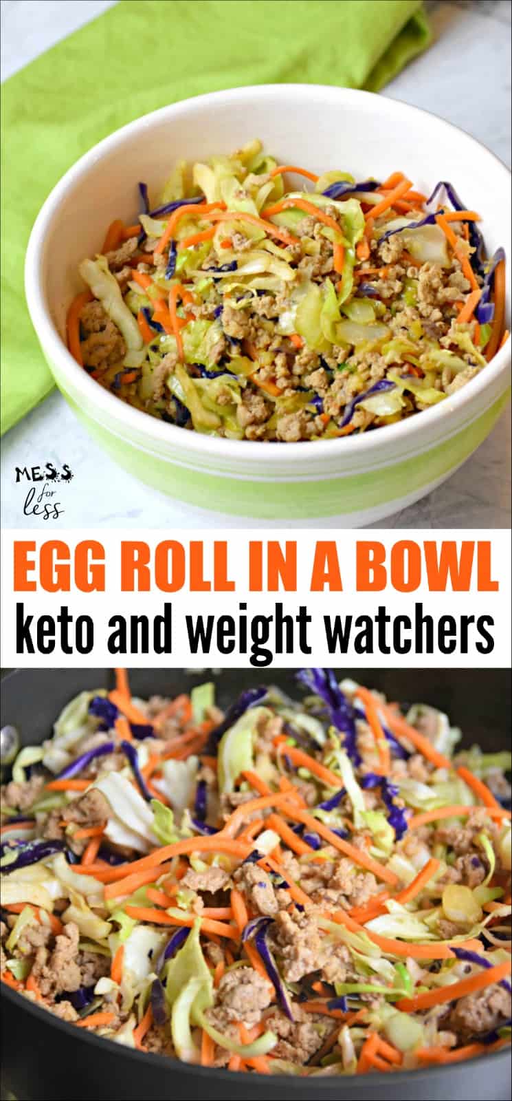 This Keto Egg Roll in a Bowl is one of my favorite low carb meals. All of your favorite egg roll flavors in this Keto Crack Slaw. Perfect for Keto or Weight Watchers diets. 