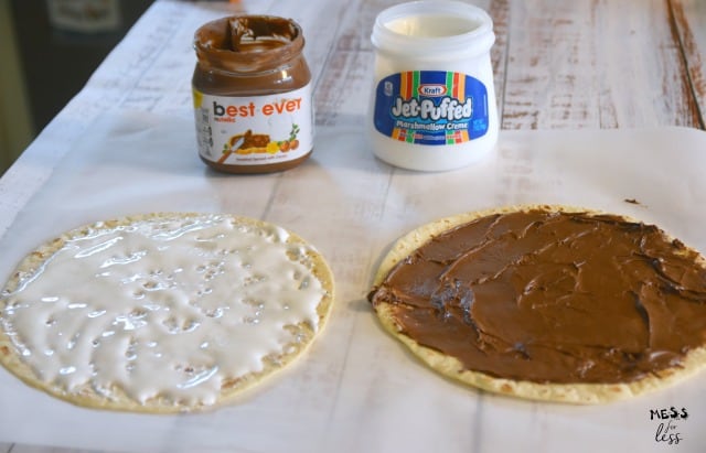 marshmallow creme and nutella spread on tortillas