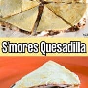 S’mores quesadilla cut into slices, with gooey chocolate and marshmallow filling, served warm on a plate. Enjoy this delightful twist on the classic smores quesadilla for a sweet treat.