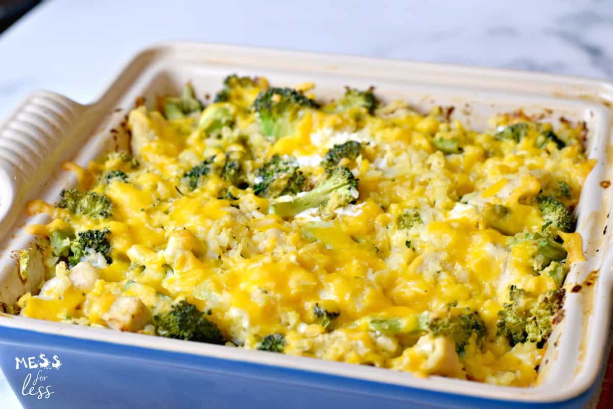 pan of cheesy broccoli casserole