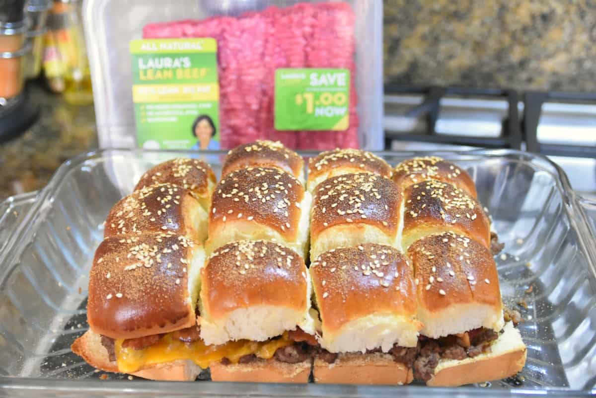 cheeseburger sliders on a casserole dish