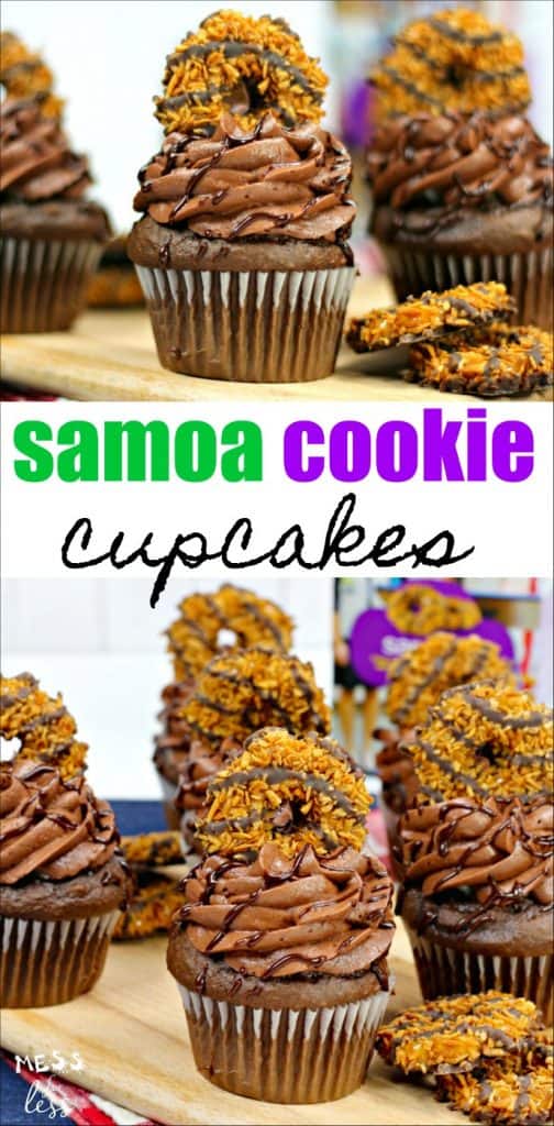 Chocolate cupcakes topped with Samoa cookies