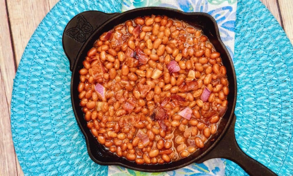 coca cola baked beans in a skillet
