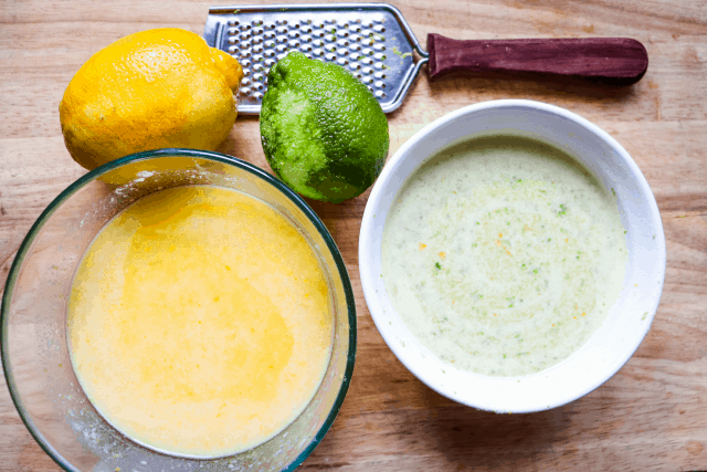 lemon, lime and bowls with batter