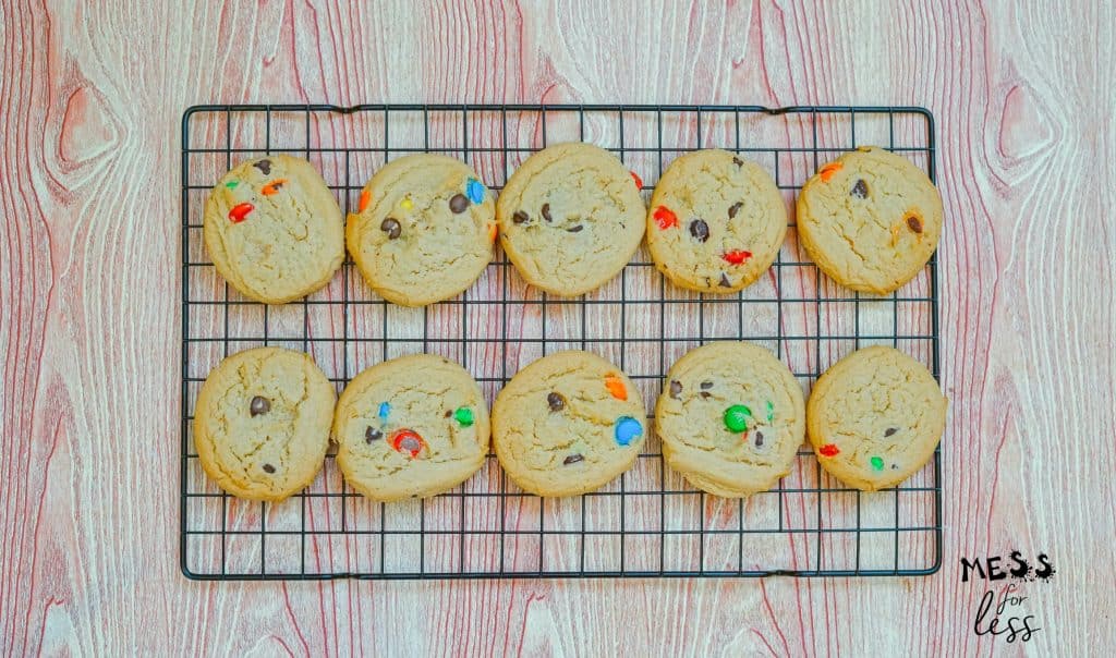 m&M cookies on a cooling rack