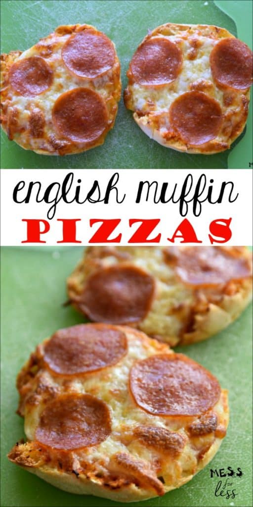 These Kid Made English Muffin Pizzas from Mess for Less are super easy for kids to make themselves. Such an easy kids recipe! #kidsrecipe #cookingwithkids