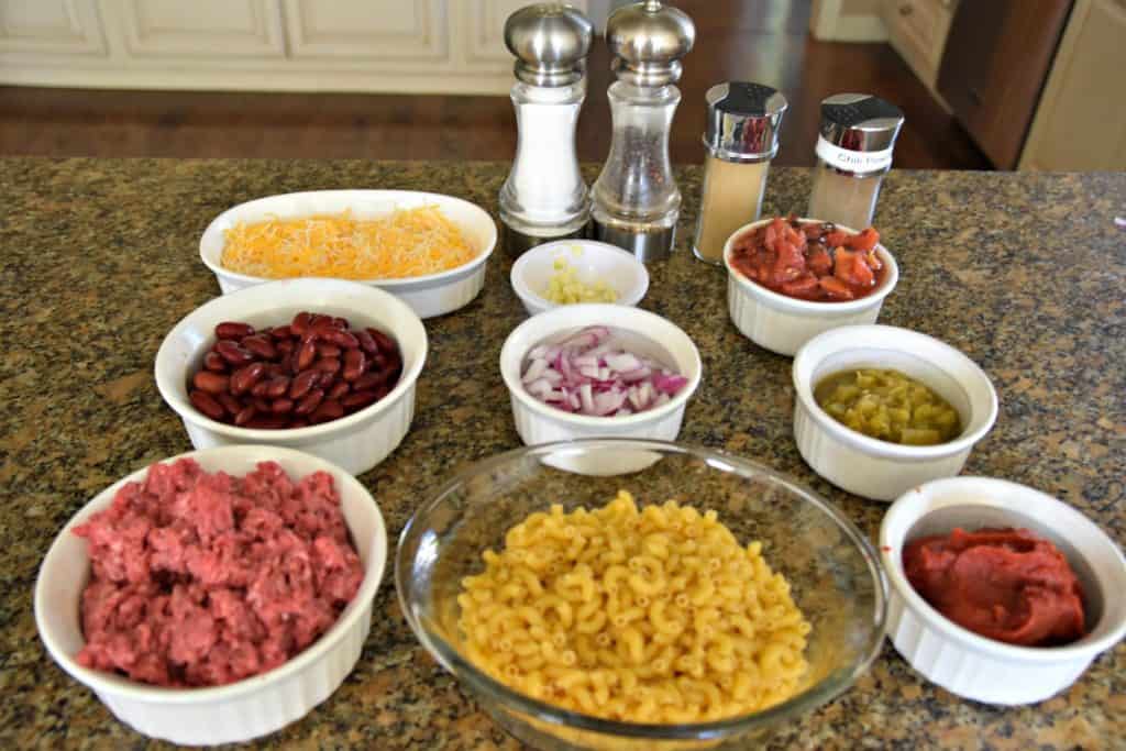 ingredients for chili mac and cheese