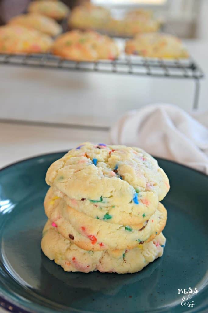 Confetti Cookies With Cake Mix on a blue plate