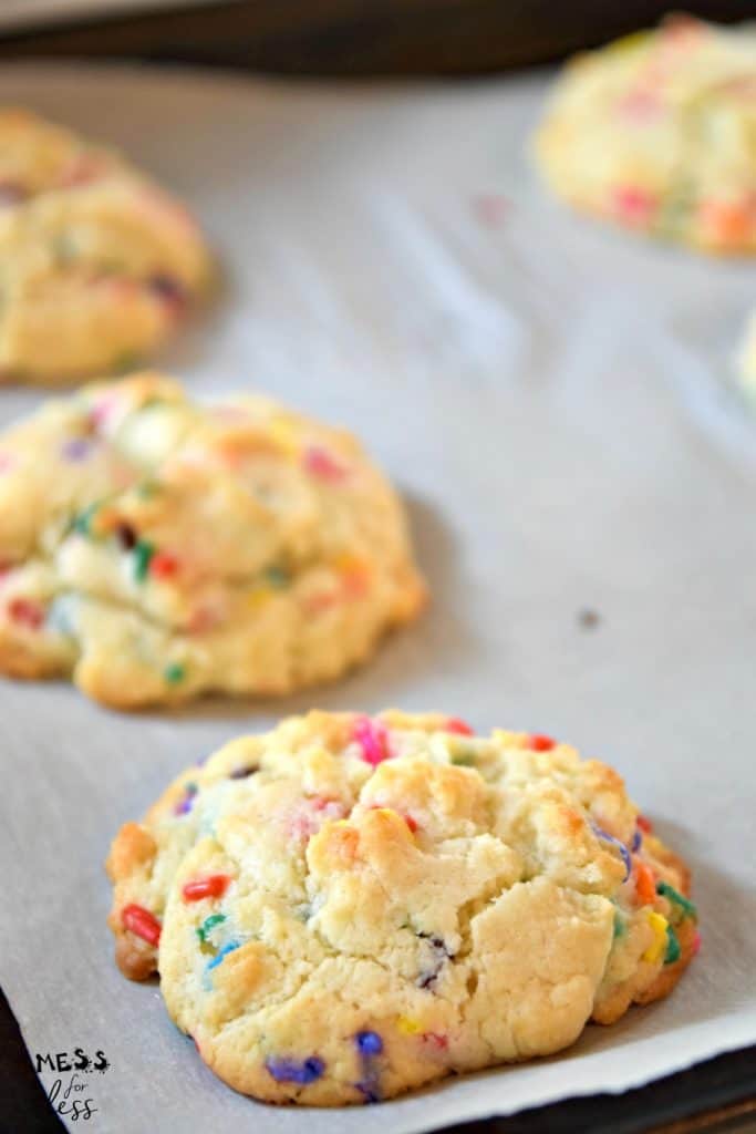 confetti cookies on a baking sheet
