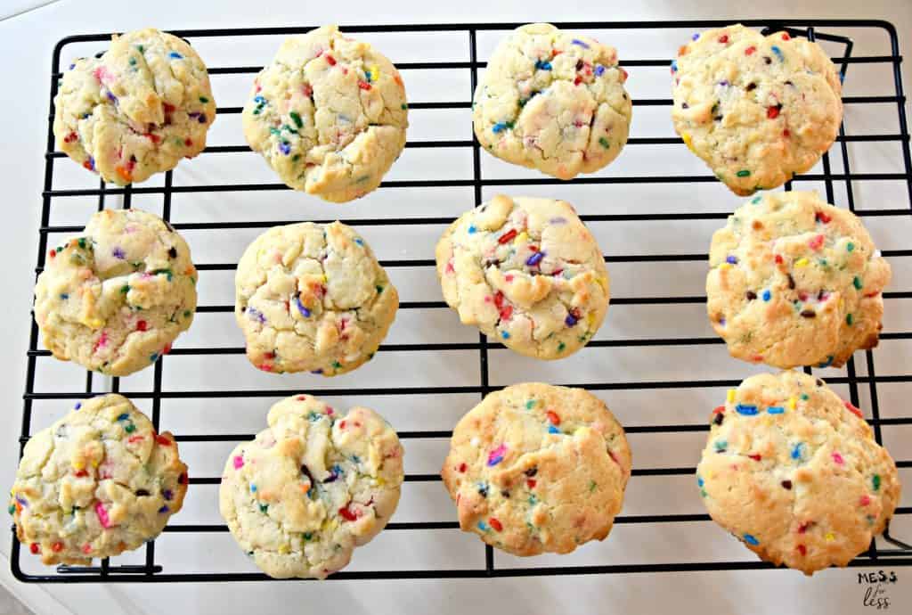 Confetti Cookies With Cake Mix on a cooling rack