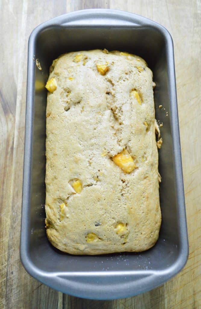 peach bread in a loaf pan